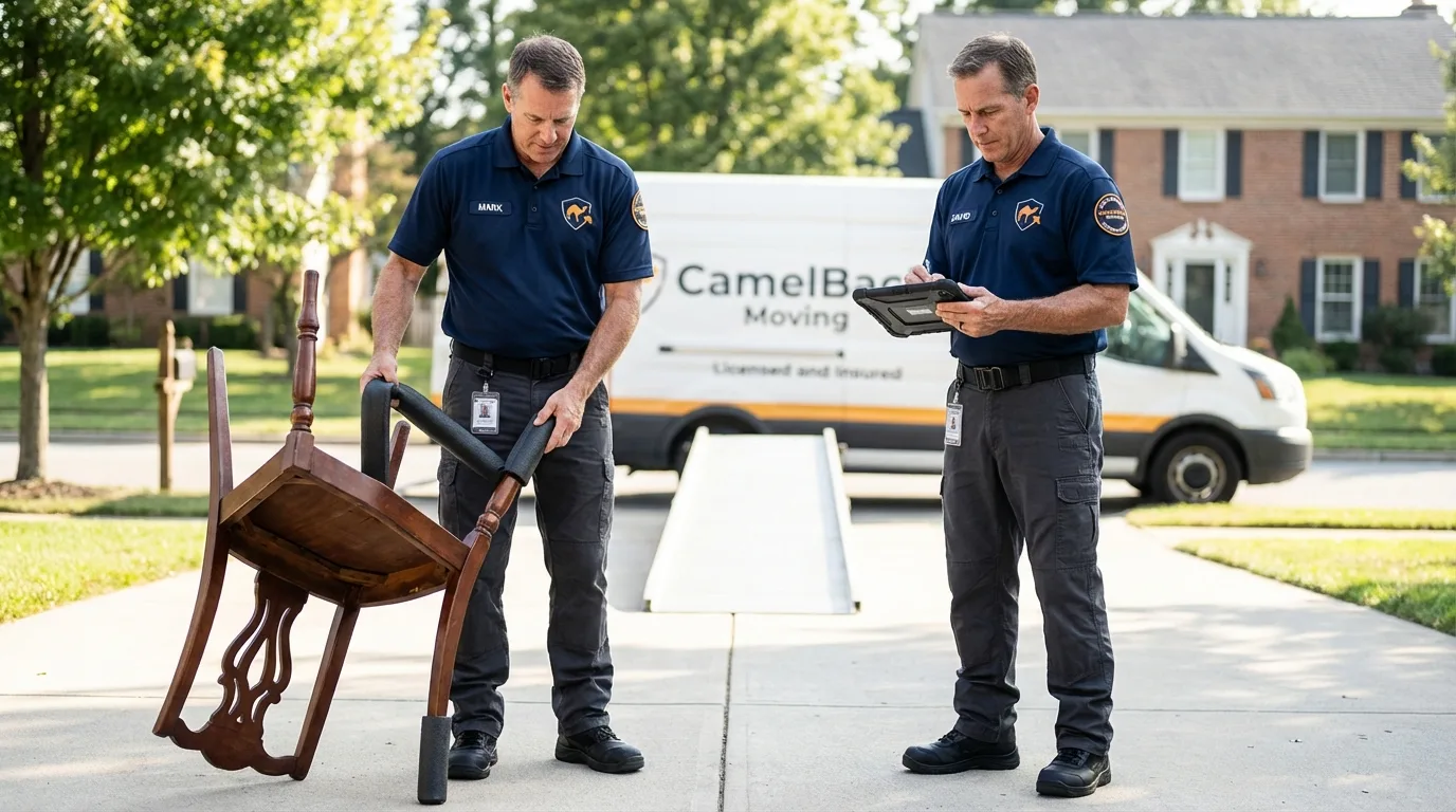 Movers inspecting furniture for damage prevention before loading in Bardstown, KY