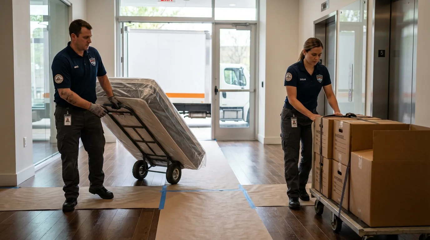 Professional apartment movers loading elevator in Bardstown, KY