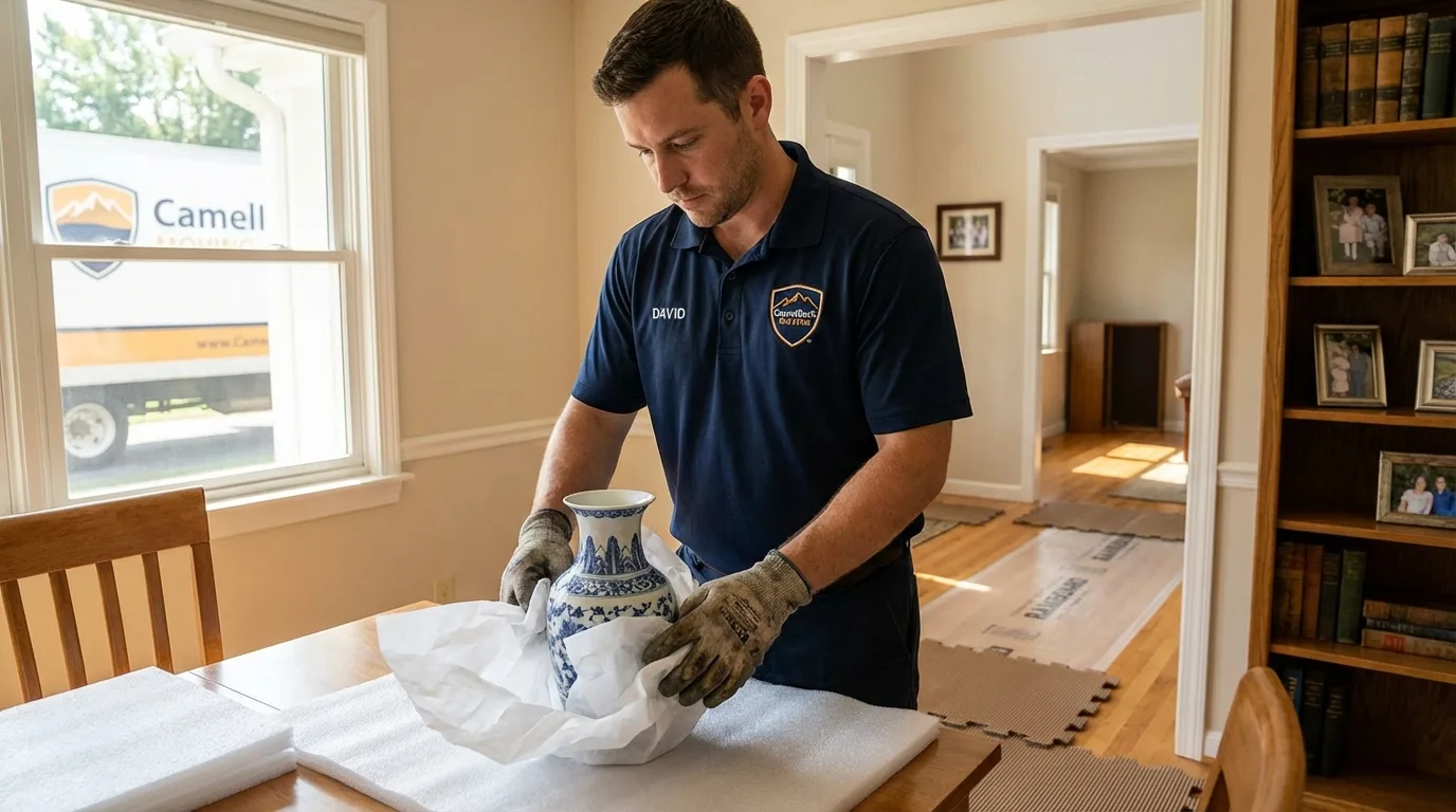 Professional crew carefully wrapping antique vase for senior downsizing move in Bardstown, KY